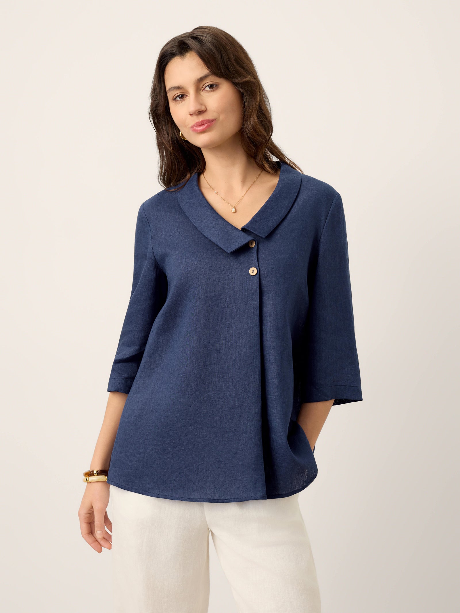 100% Linen Asymmetric Collar Inverted Pleat Top OTTILIE