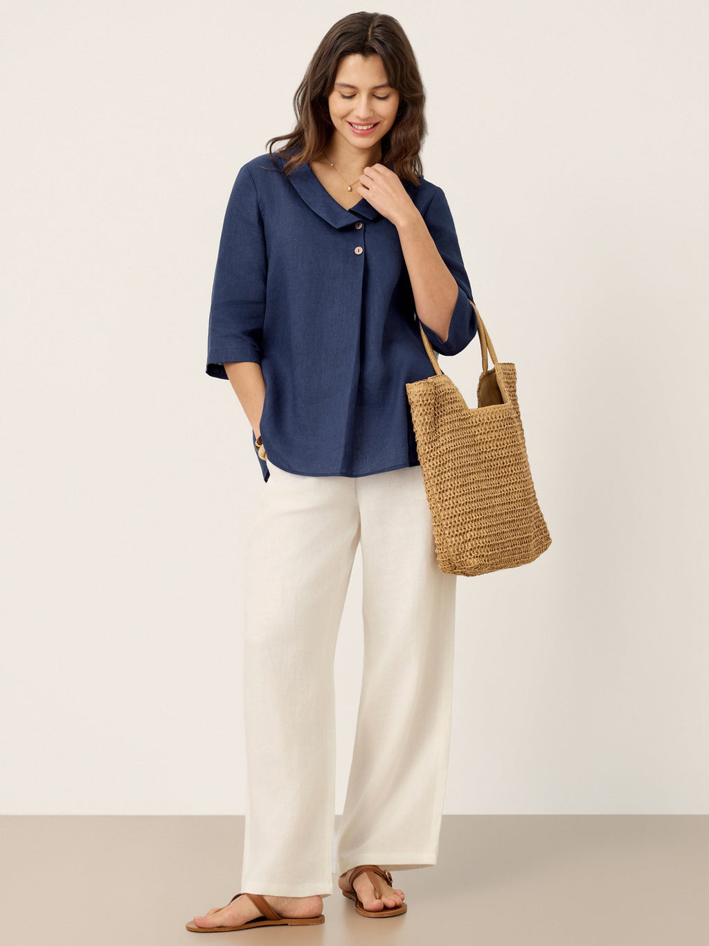 100% Linen Asymmetric Collar Inverted Pleat Top OTTILIE