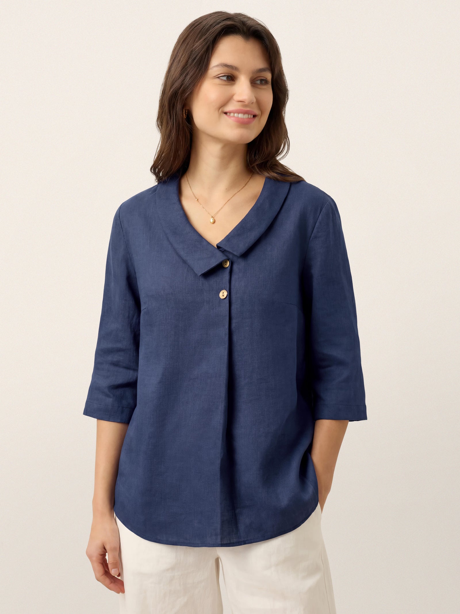 100% Linen Asymmetric Collar Inverted Pleat Top OTTILIE