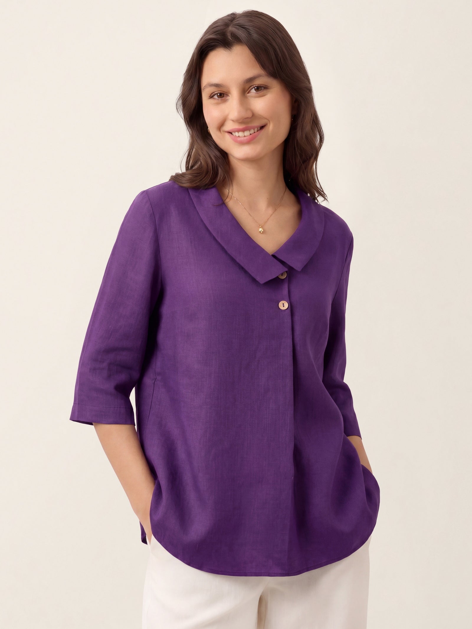 100% Linen Asymmetric Collar Inverted Pleat Top OTTILIE