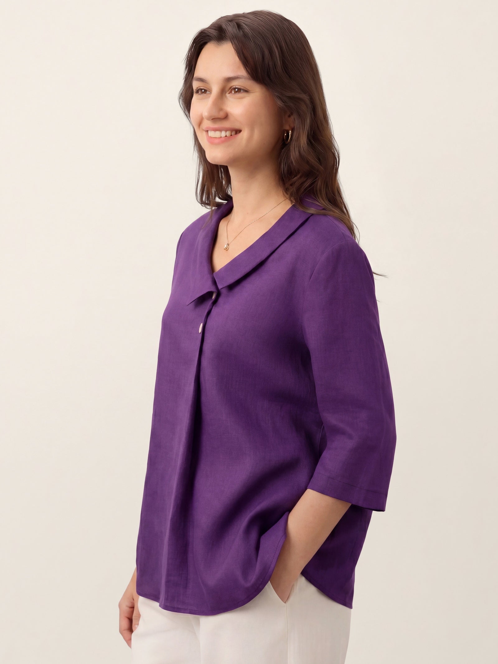 100% Linen Asymmetric Collar Inverted Pleat Top OTTILIE