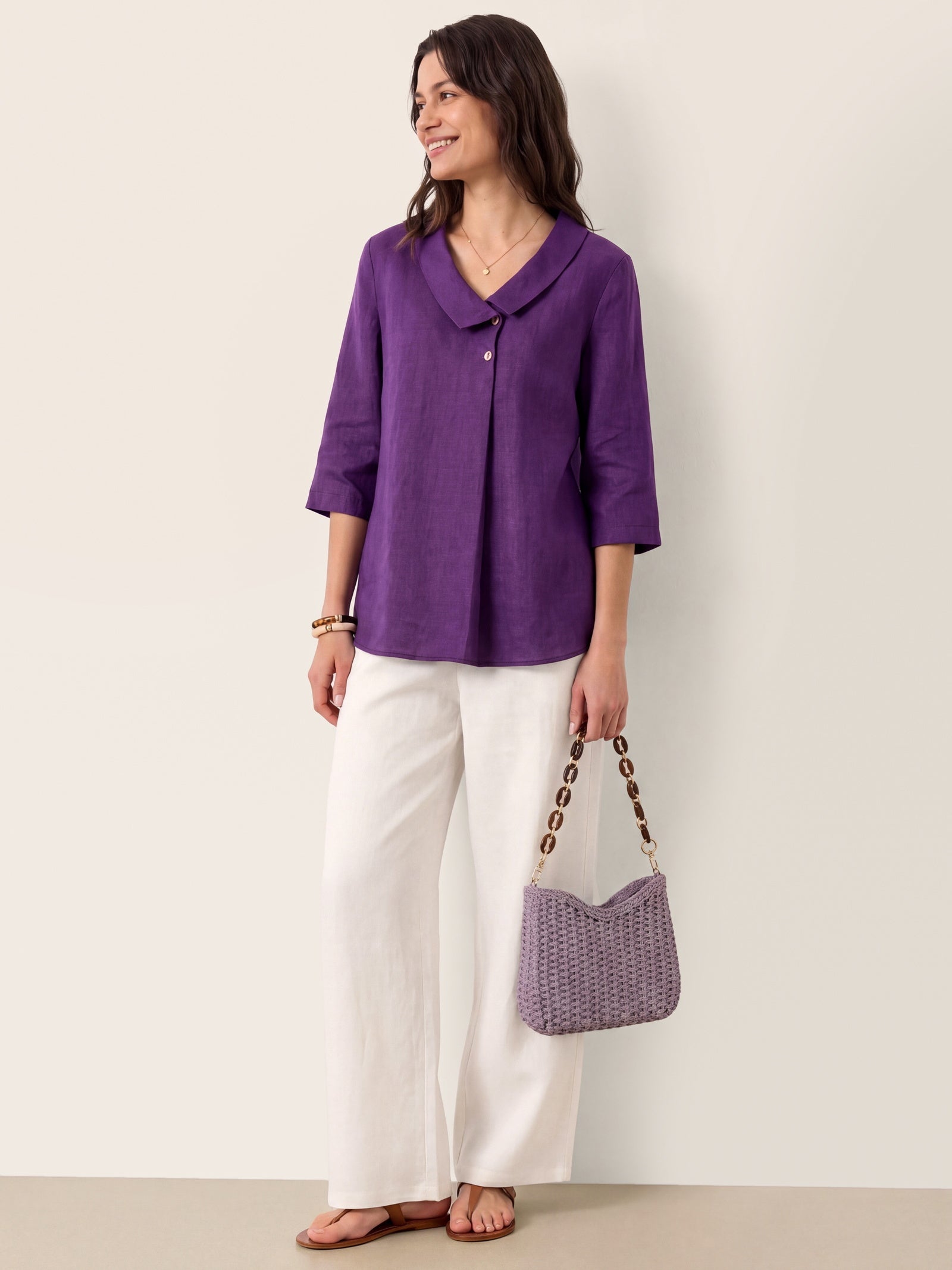 100% Linen Asymmetric Collar Inverted Pleat Top OTTILIE