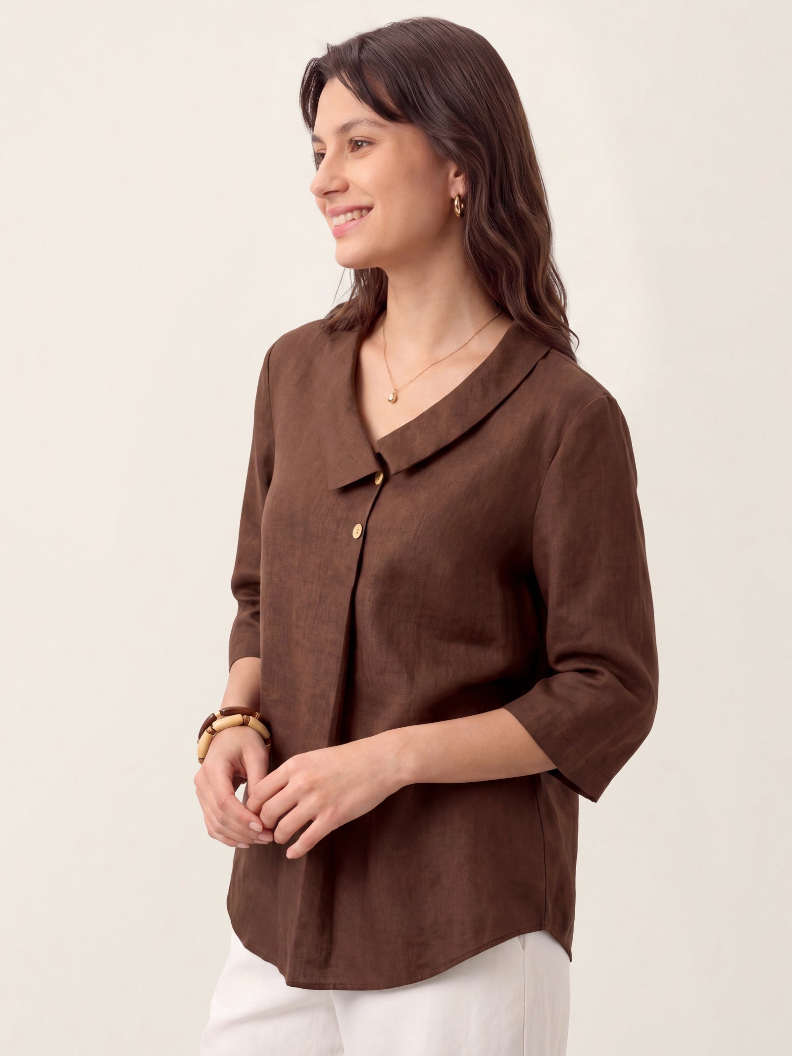 100% Linen Asymmetric Collar Inverted Pleat Top OTTILIE