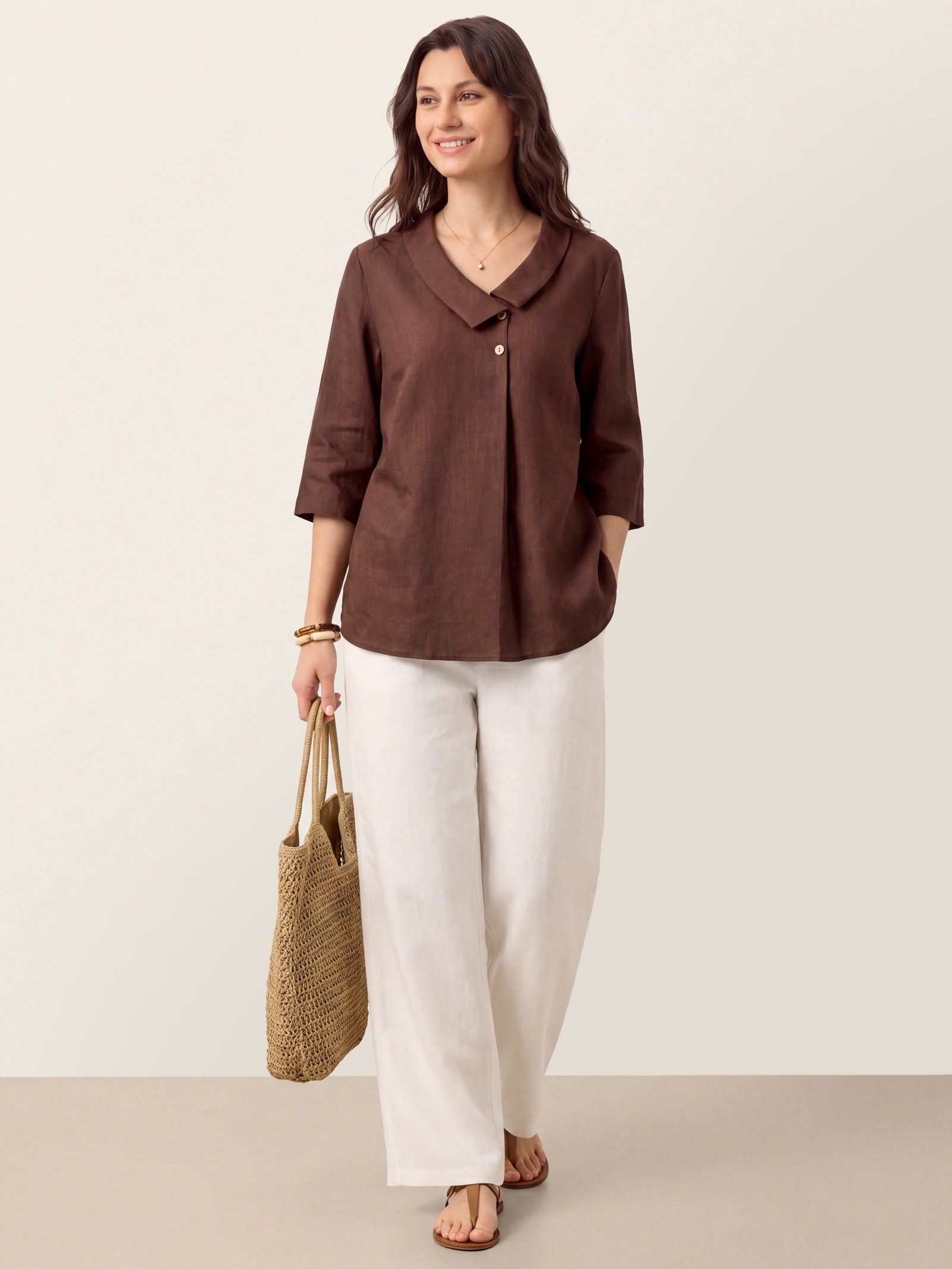 100% Linen Asymmetric Collar Inverted Pleat Top OTTILIE