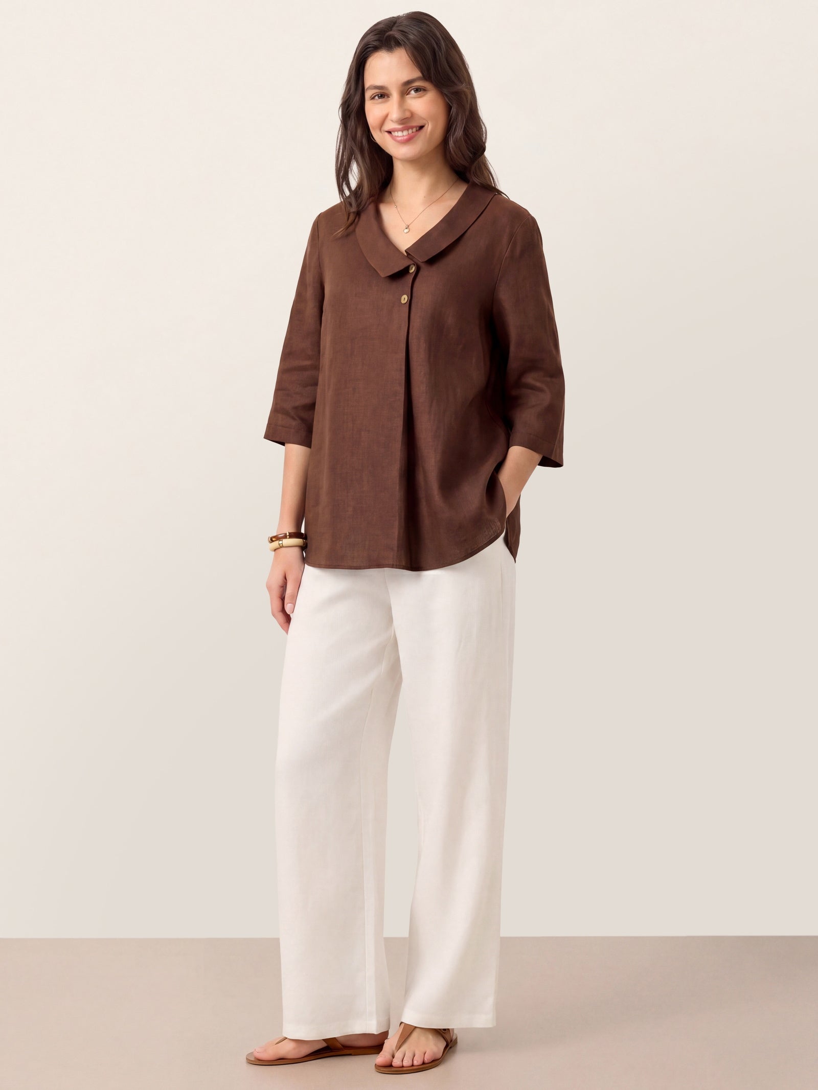 100% Linen Asymmetric Collar Inverted Pleat Top OTTILIE