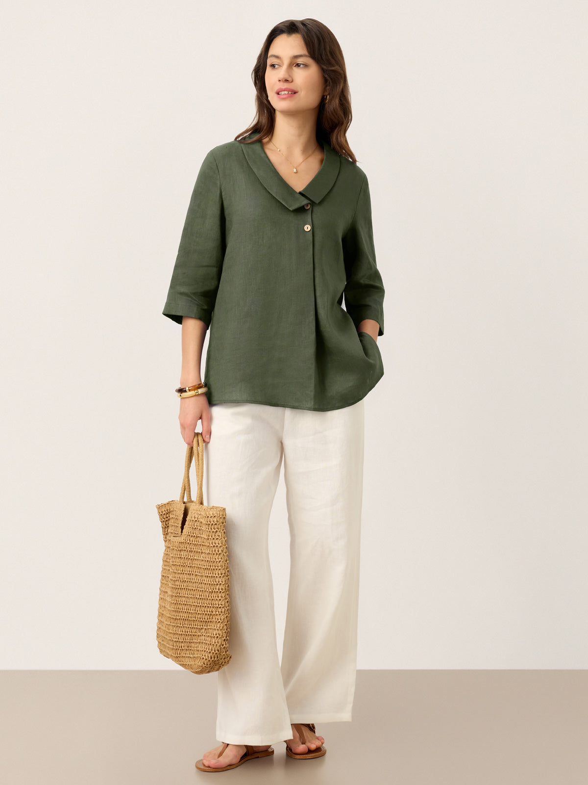 100% Linen Asymmetric Collar Inverted Pleat Top OTTILIE