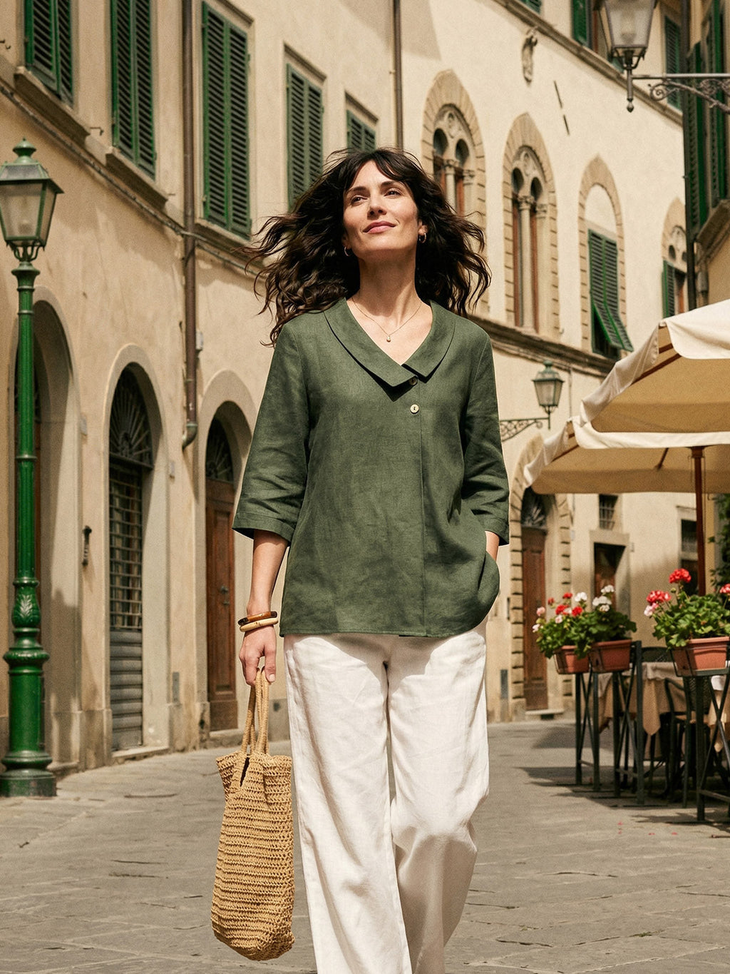 100% Linen Asymmetric Collar Inverted Pleat Top OTTILIE