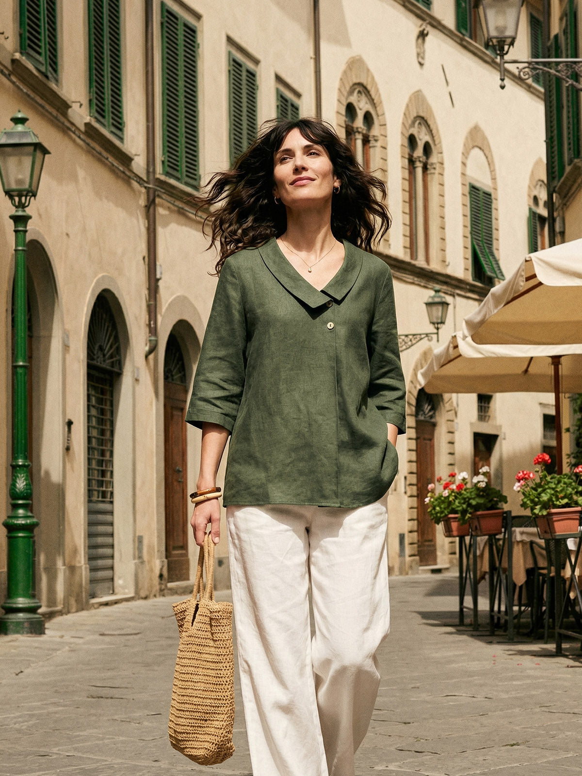 100% Linen Asymmetric Collar Inverted Pleat Top OTTILIE