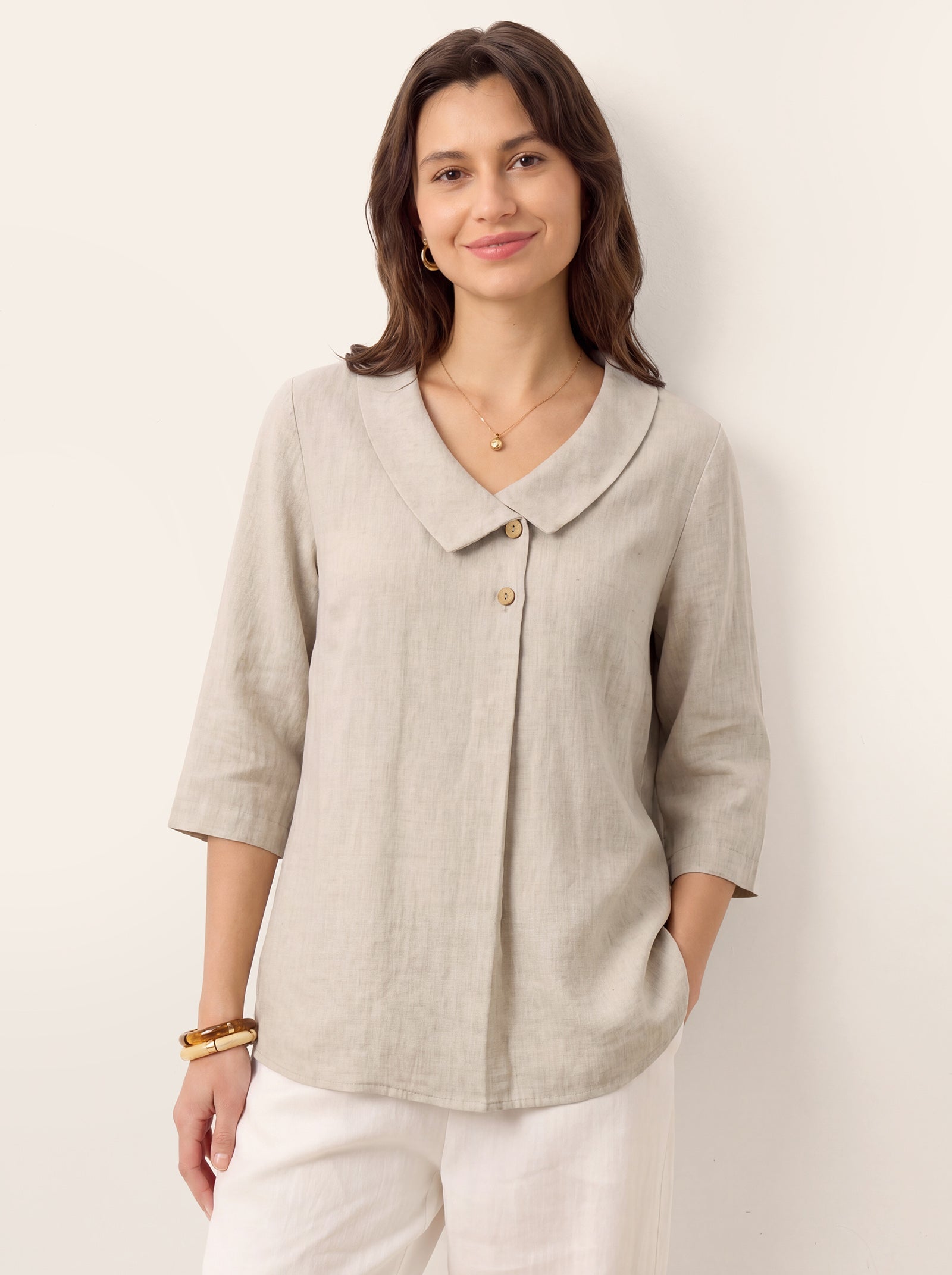 100% Linen Asymmetric Collar Inverted Pleat Top OTTILIE