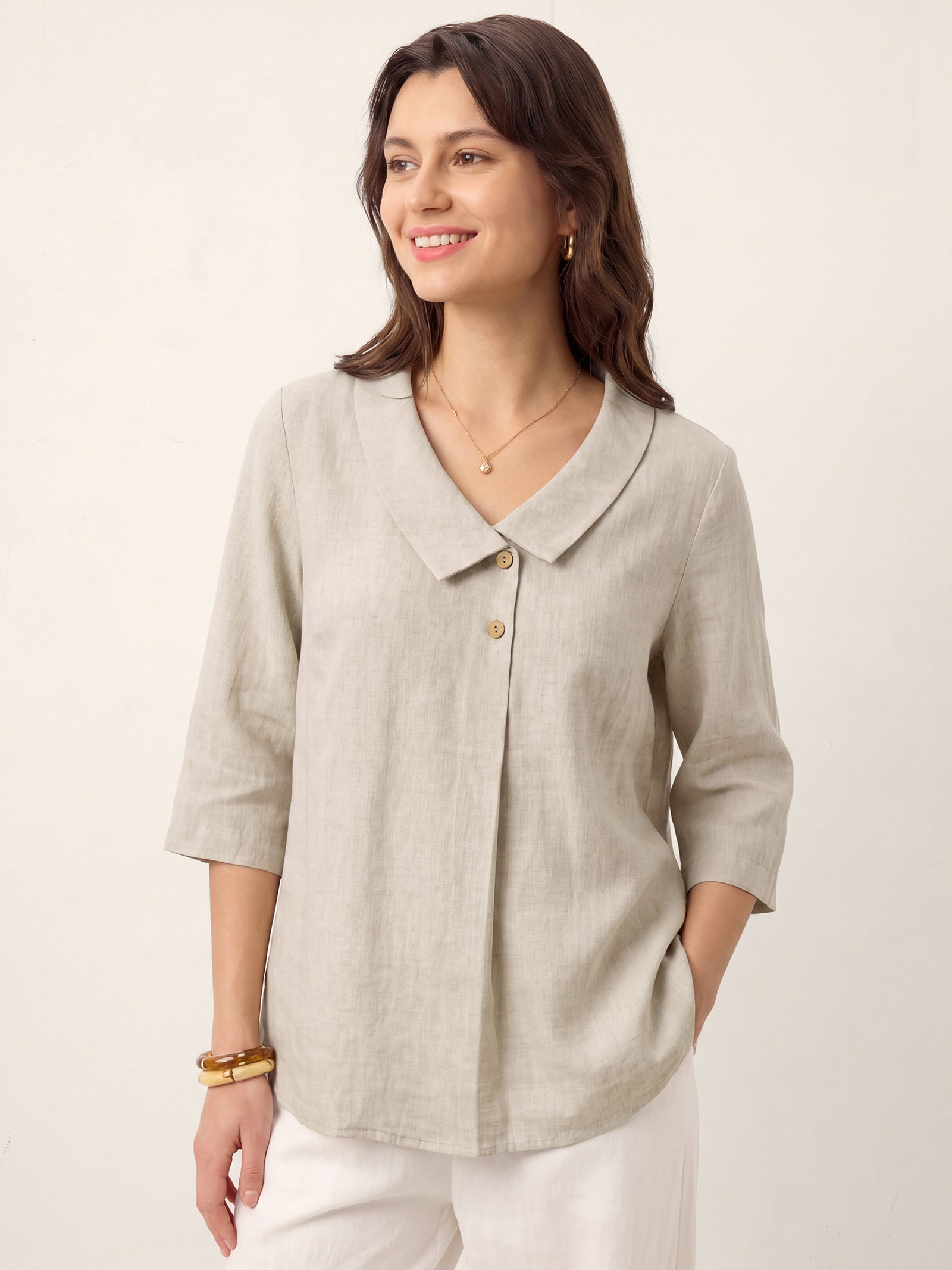 100% Linen Asymmetric Collar Inverted Pleat Top OTTILIE