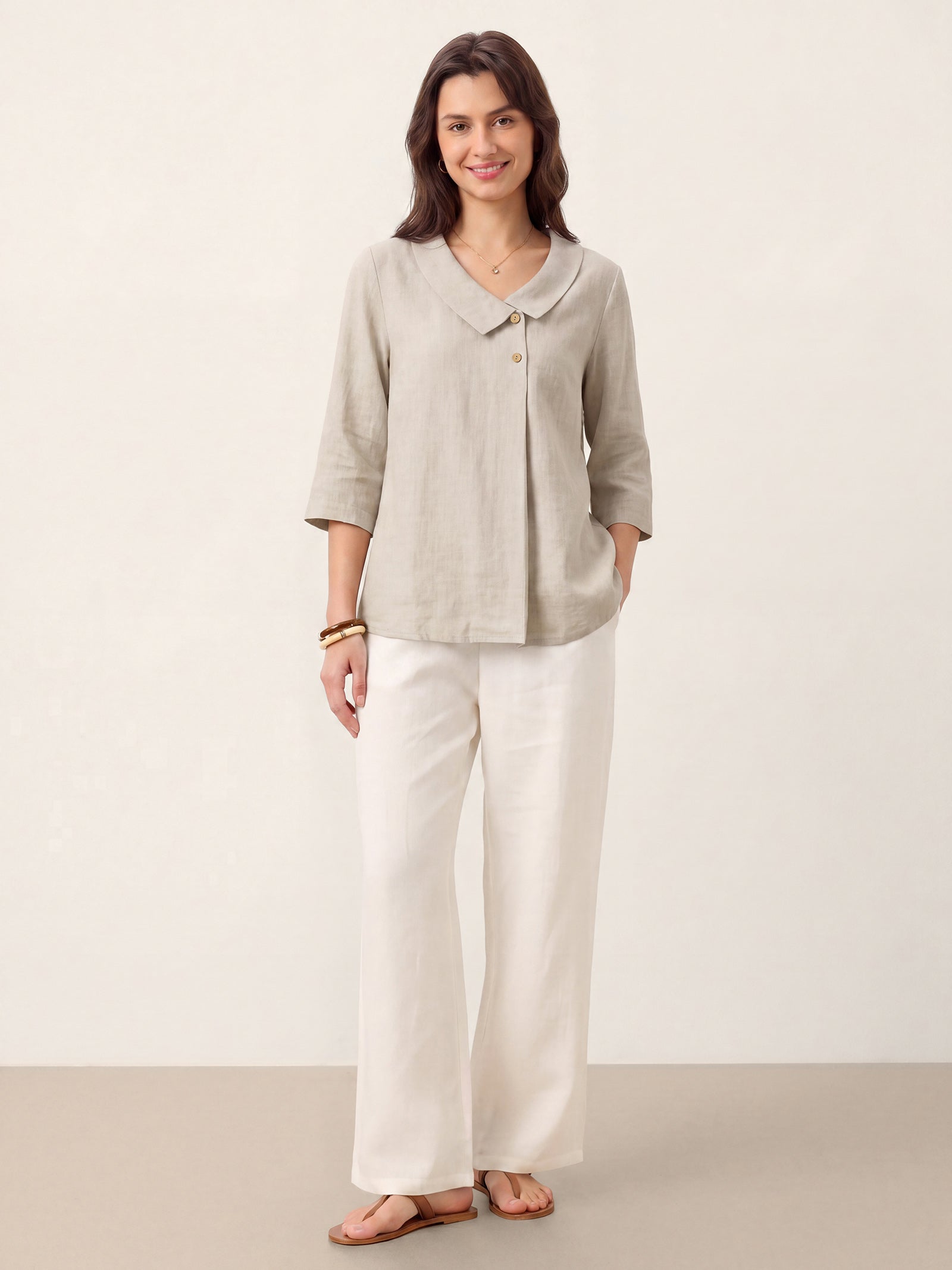 100% Linen Asymmetric Collar Inverted Pleat Top OTTILIE