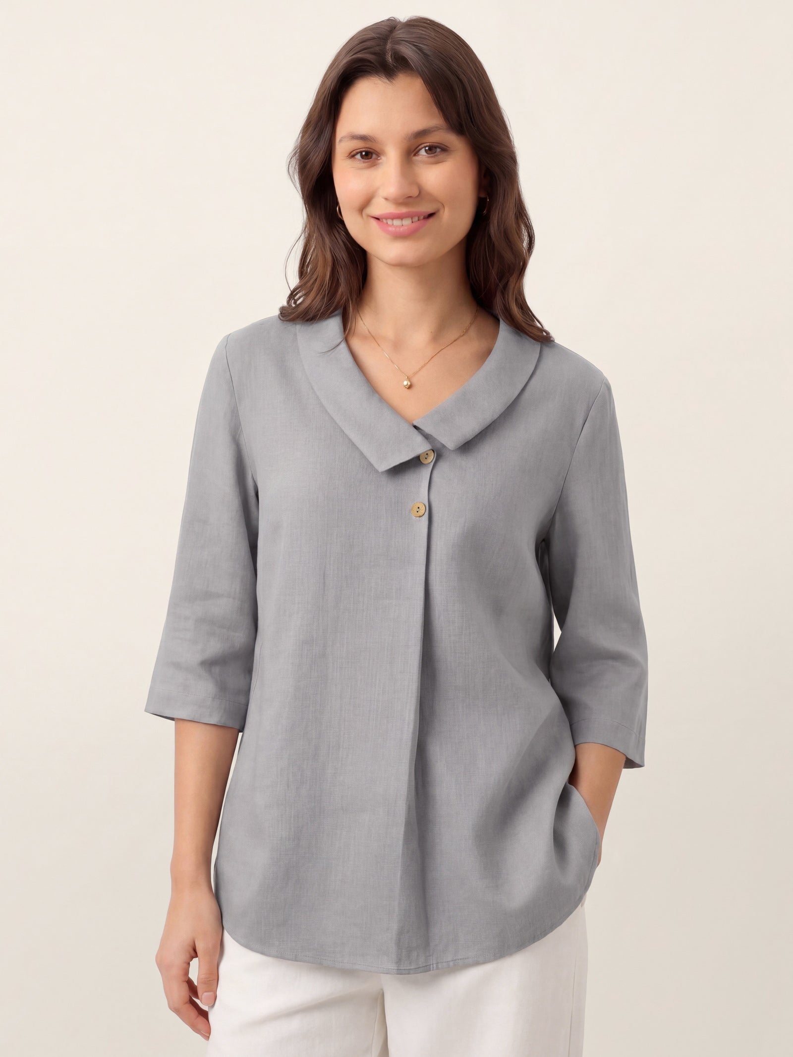 100% Linen Asymmetric Collar Inverted Pleat Top OTTILIE