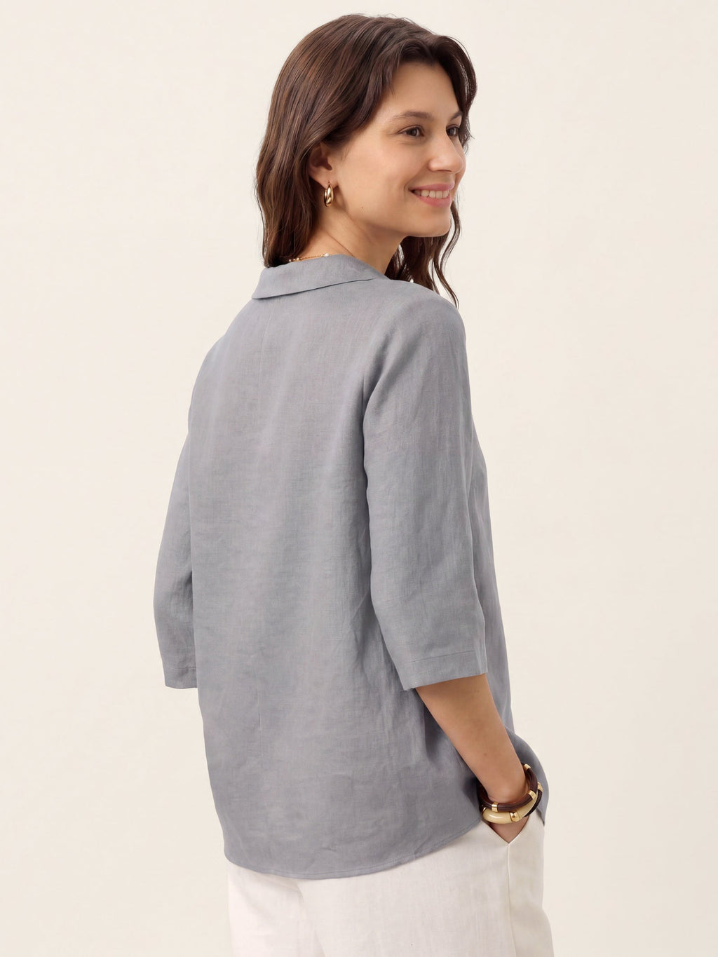 100% Linen Asymmetric Collar Inverted Pleat Top OTTILIE