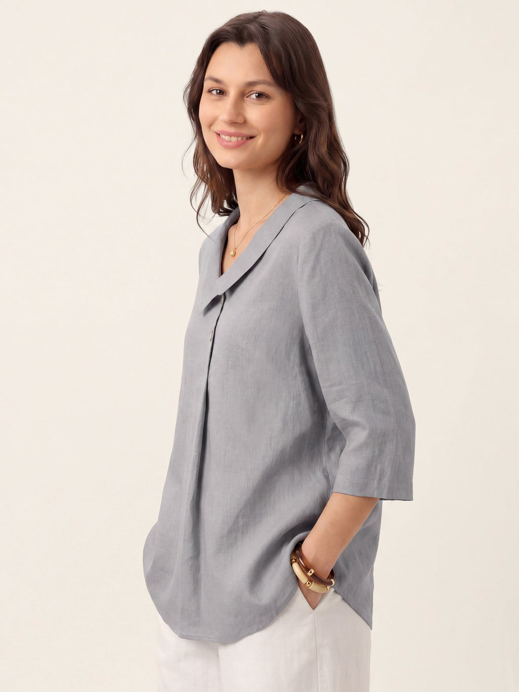 100% Linen Asymmetric Collar Inverted Pleat Top OTTILIE