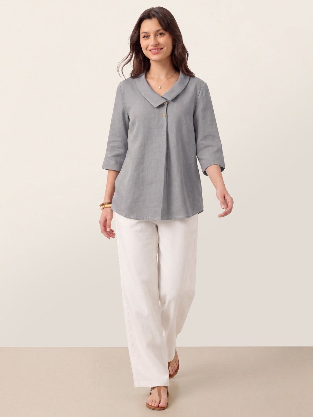 100% Linen Asymmetric Collar Inverted Pleat Top OTTILIE