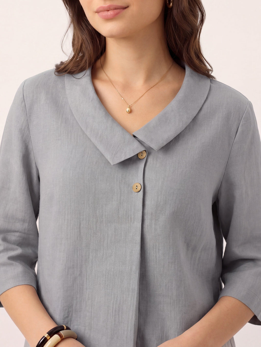 100% Linen Asymmetric Collar Inverted Pleat Top OTTILIE