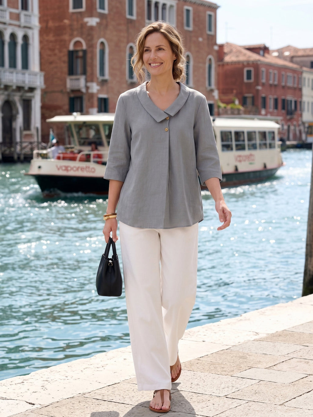 100% Linen Asymmetric Collar Inverted Pleat Top OTTILIE
