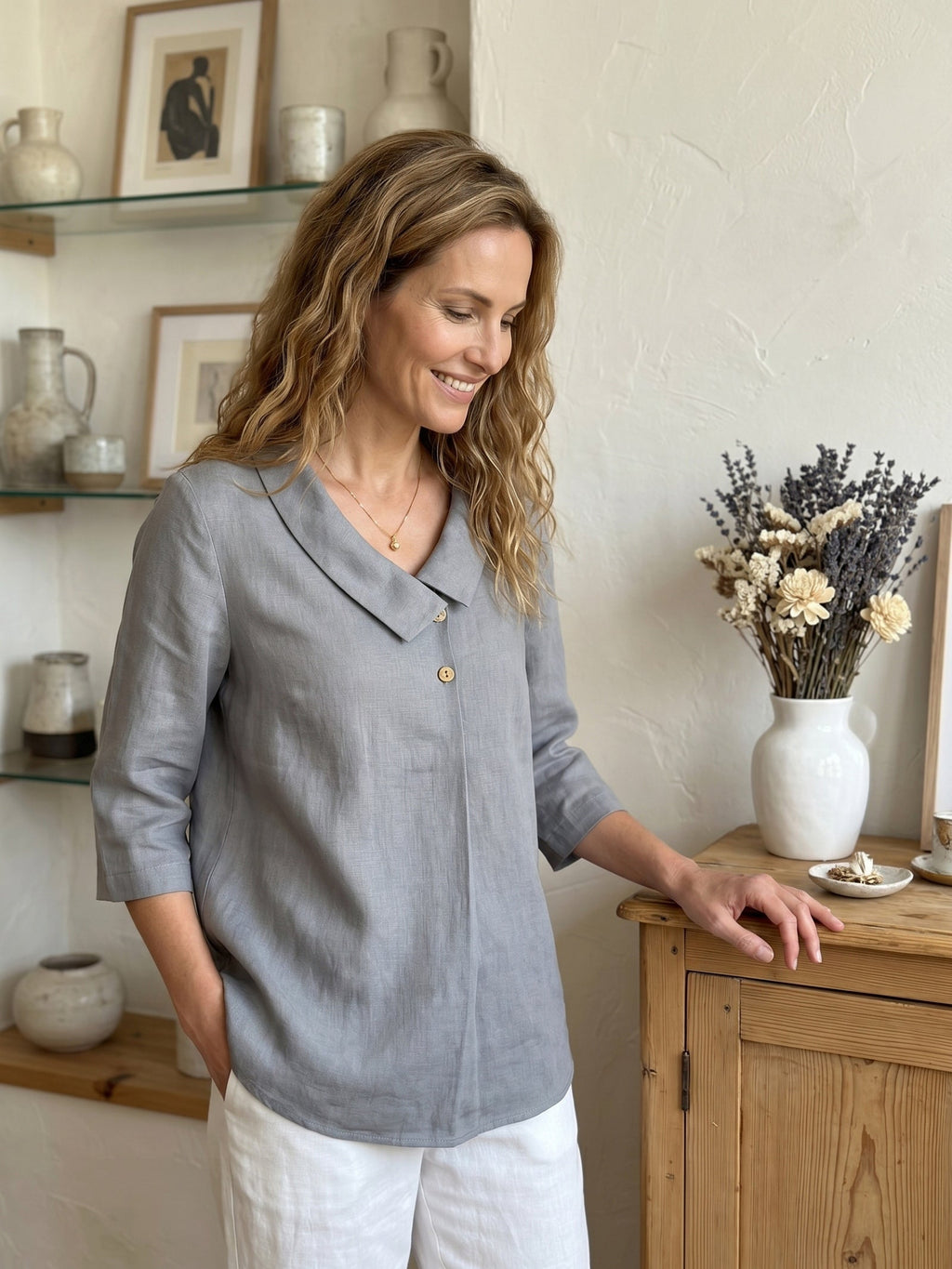 100% Linen Asymmetric Collar Inverted Pleat Top OTTILIE