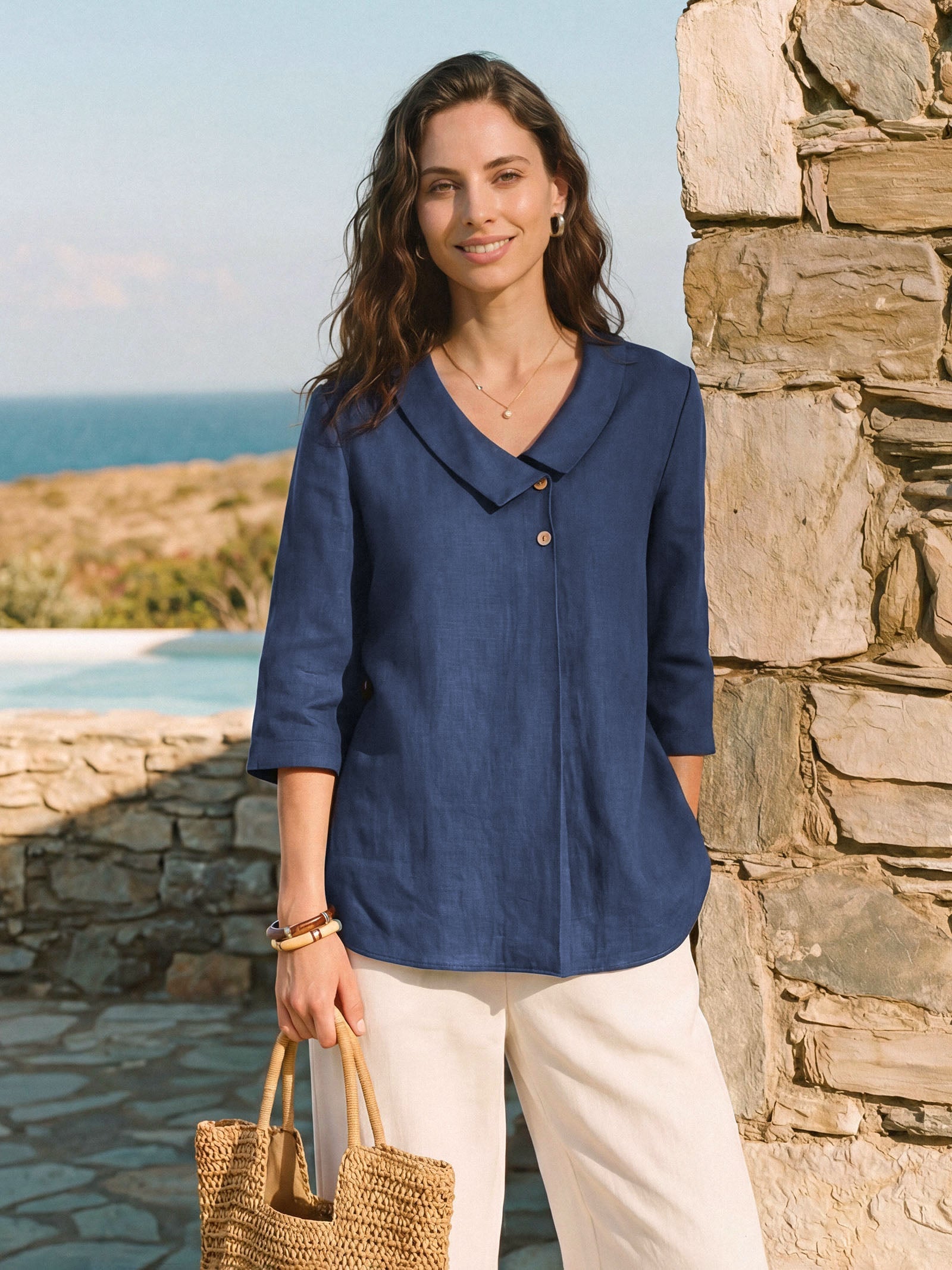 100% Linen Asymmetric Collar Inverted Pleat Top OTTILIE